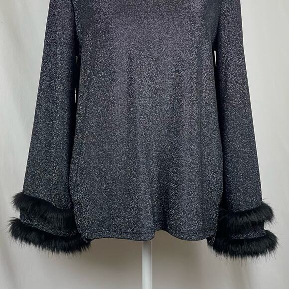 Oliver Metallic Silver Black Faux Fur Party Event Date Night Top NWOT Size L - Picture 4 of 11